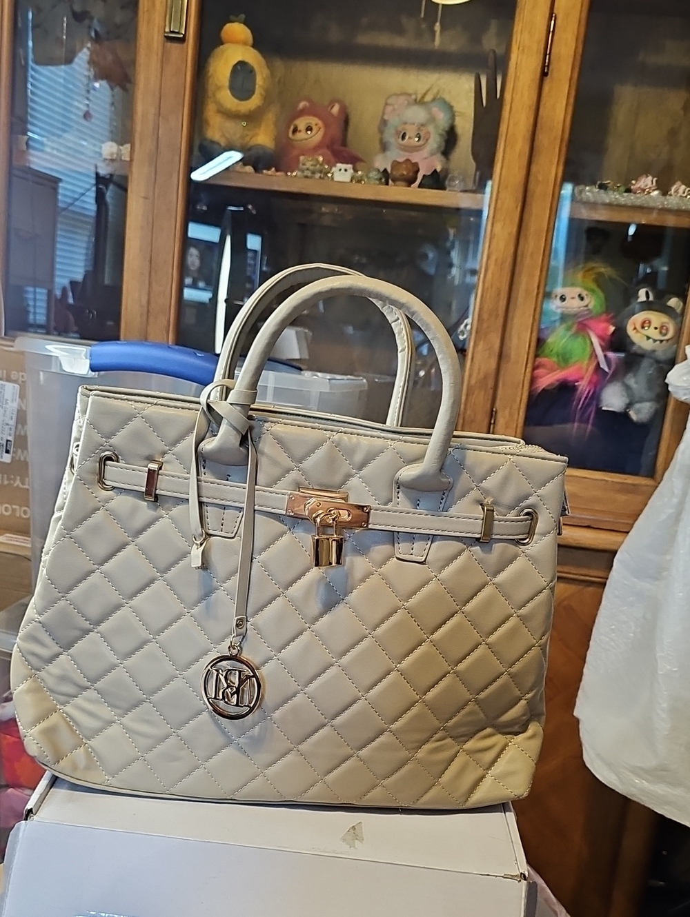 Badgley Mischka Quilted Tote in Light Beige with Gold Hardware